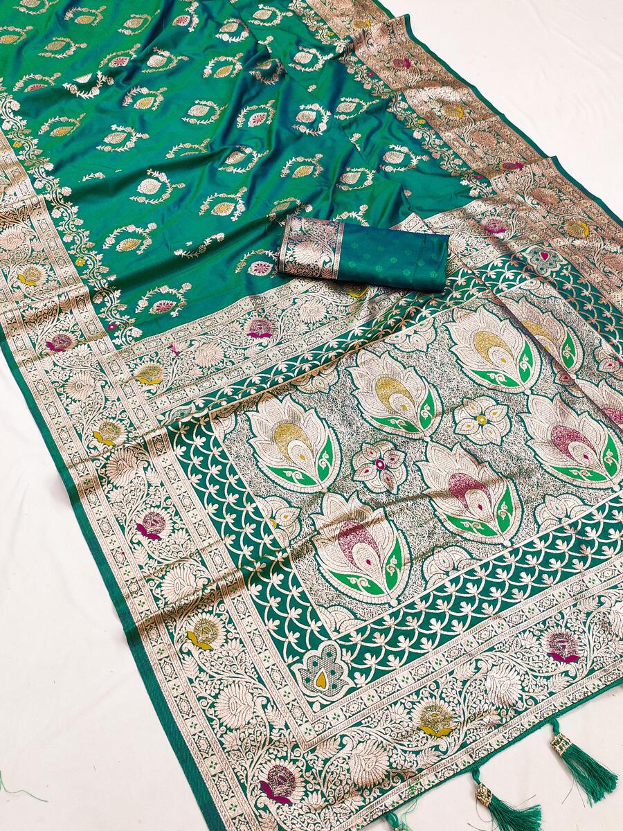 Classic Sea Green Soft Banarasi Silk Saree With Radiant Blouse Piece