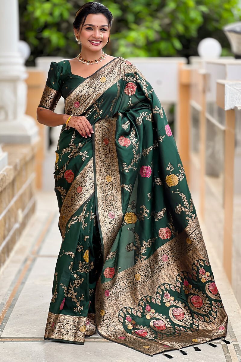 Ratatouille Dark Green Soft Banarasi Silk Saree With Embrocation Blouse Piece