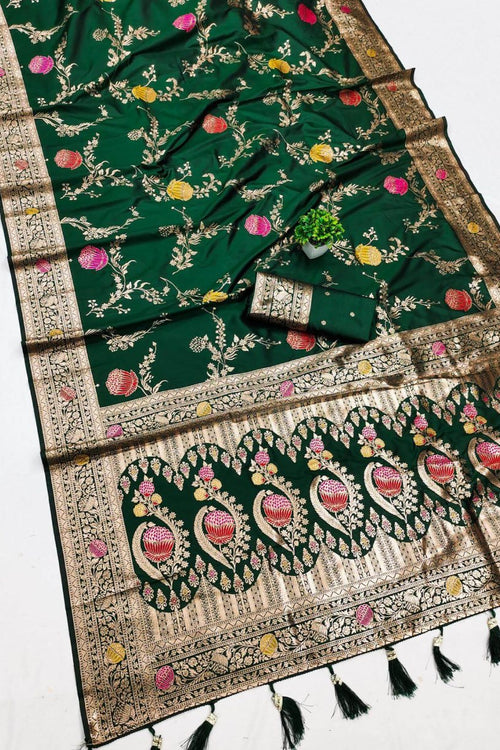 Load image into Gallery viewer, Ratatouille Dark Green Soft Banarasi Silk Saree With Embrocation Blouse Piece
