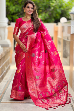 Forbearance Dark Pink Soft Banarasi Silk Saree With Redolent Blouse Piece