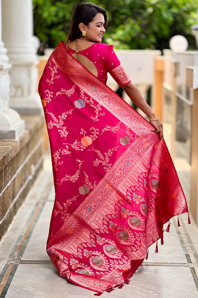 Forbearance Dark Pink Soft Banarasi Silk Saree With Redolent Blouse Piece