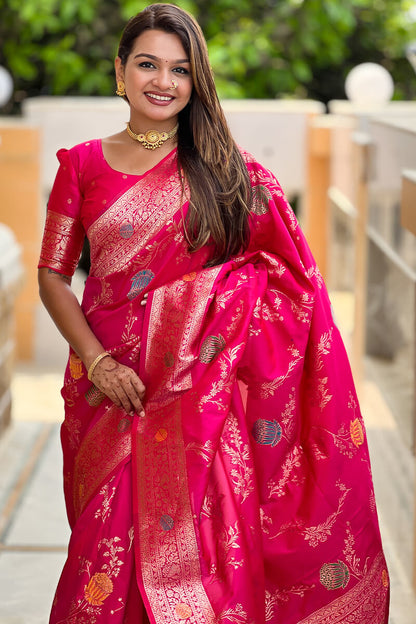 Forbearance Dark Pink Soft Banarasi Silk Saree With Redolent Blouse Piece