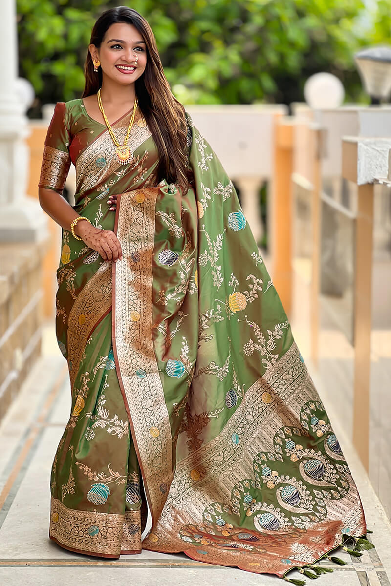 Prodigal Mehndi Soft Banarasi Silk Saree With Fantabulous Blouse Piece