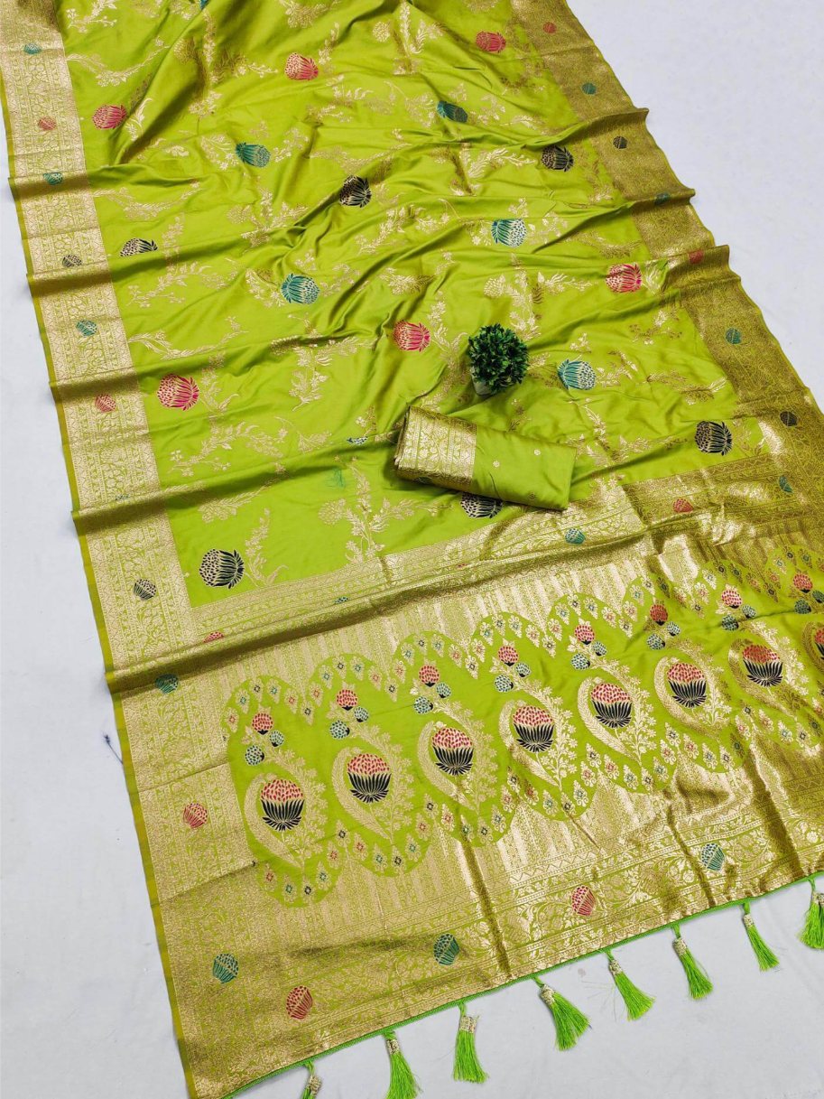 Prodigal Mehndi Soft Banarasi Silk Saree With Fantabulous Blouse Piece