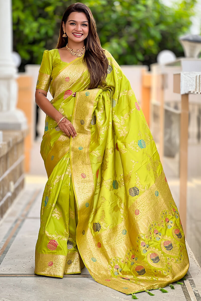 Flamboyant Parrot Soft Banarasi Silk Saree With Precious Blouse Piece