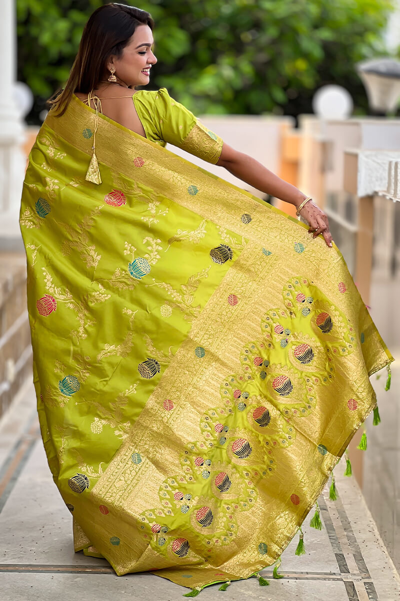 Flamboyant Parrot Soft Banarasi Silk Saree With Precious Blouse Piece