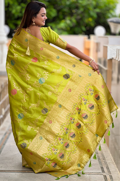 Flamboyant Parrot Soft Banarasi Silk Saree With Precious Blouse Piece