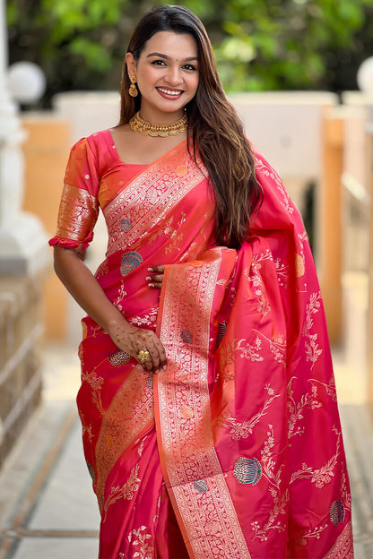 Exquisite Pink Soft Banarasi Silk Saree With Stunner Blouse Piece