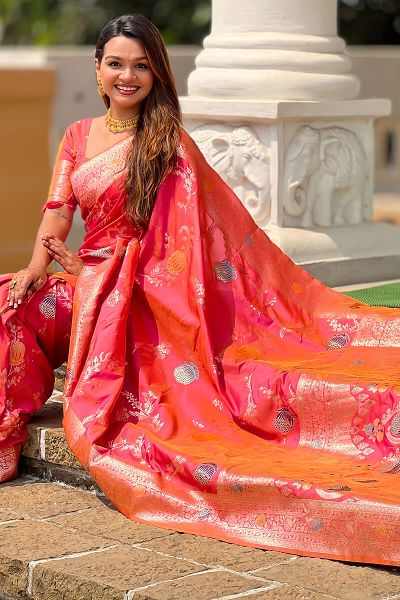 Exquisite Pink Soft Banarasi Silk Saree With Stunner Blouse Piece