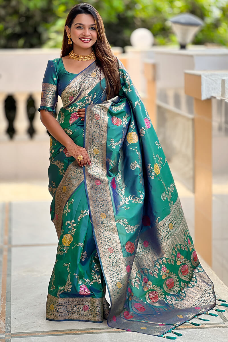Rhapsody Rama Soft Banarasi Silk Saree With Posh Blouse Piece