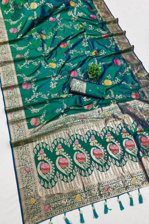 Load image into Gallery viewer, Rhapsody Rama Soft Banarasi Silk Saree With Posh Blouse Piece
