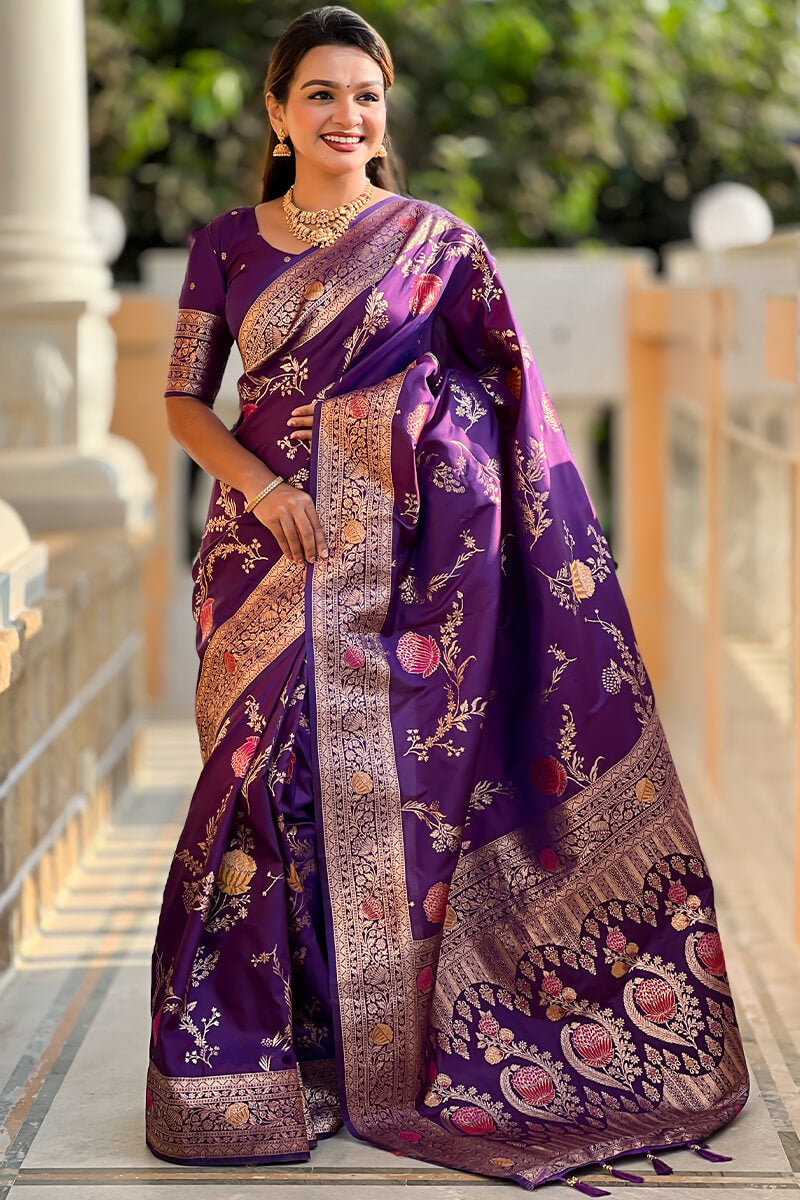 Exquisite Royal Purple Soft Banarasi Silk Saree With Splendorous Blouse Piece