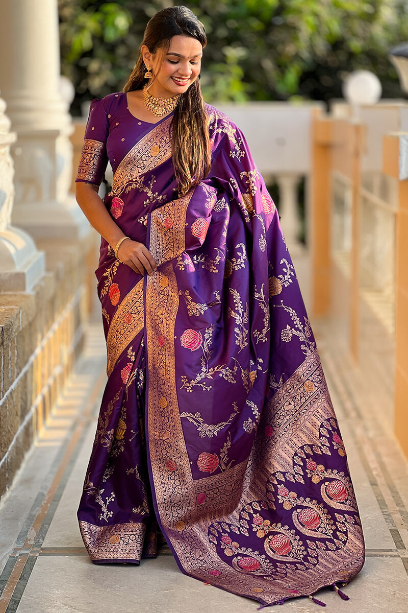 Exquisite Royal Purple Soft Banarasi Silk Saree With Splendorous Blouse Piece