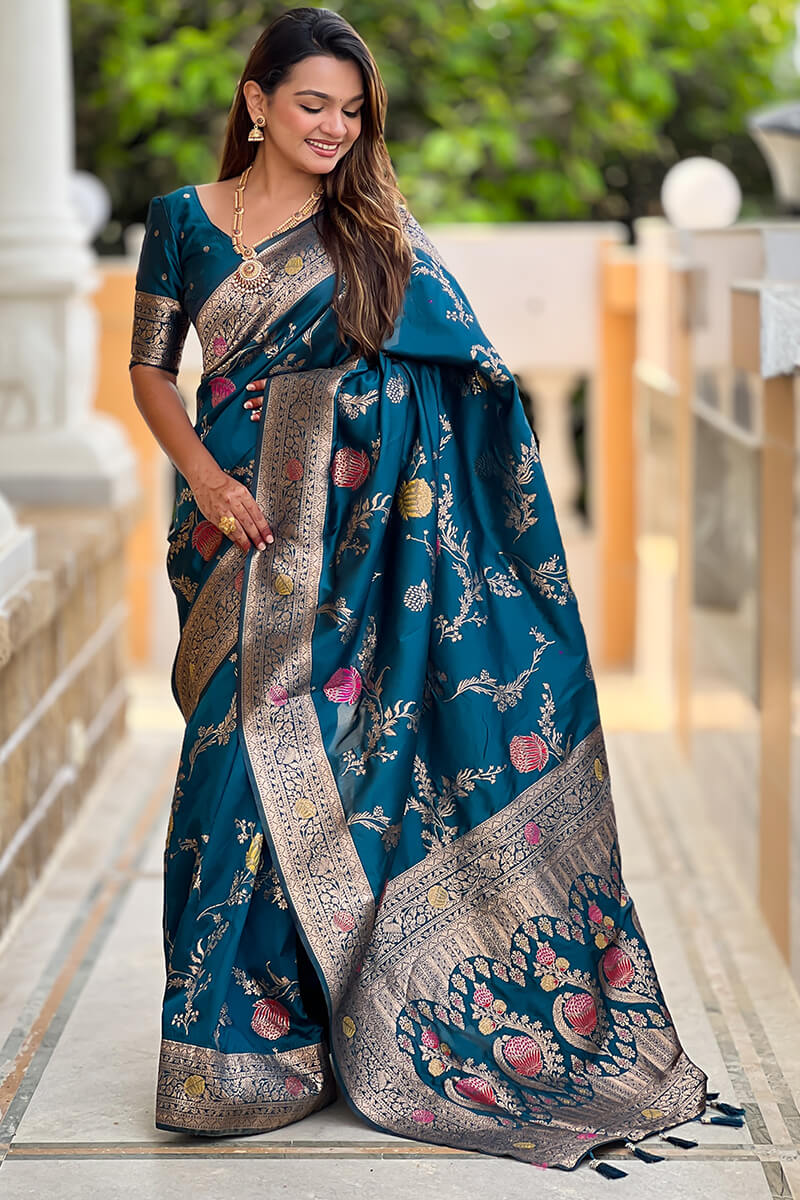 Demesne Teal Blue Soft Banarasi Silk Saree With Forbearance Blouse Piece