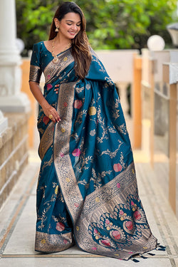 Demesne Teal Blue Soft Banarasi Silk Saree With Forbearance Blouse Piece