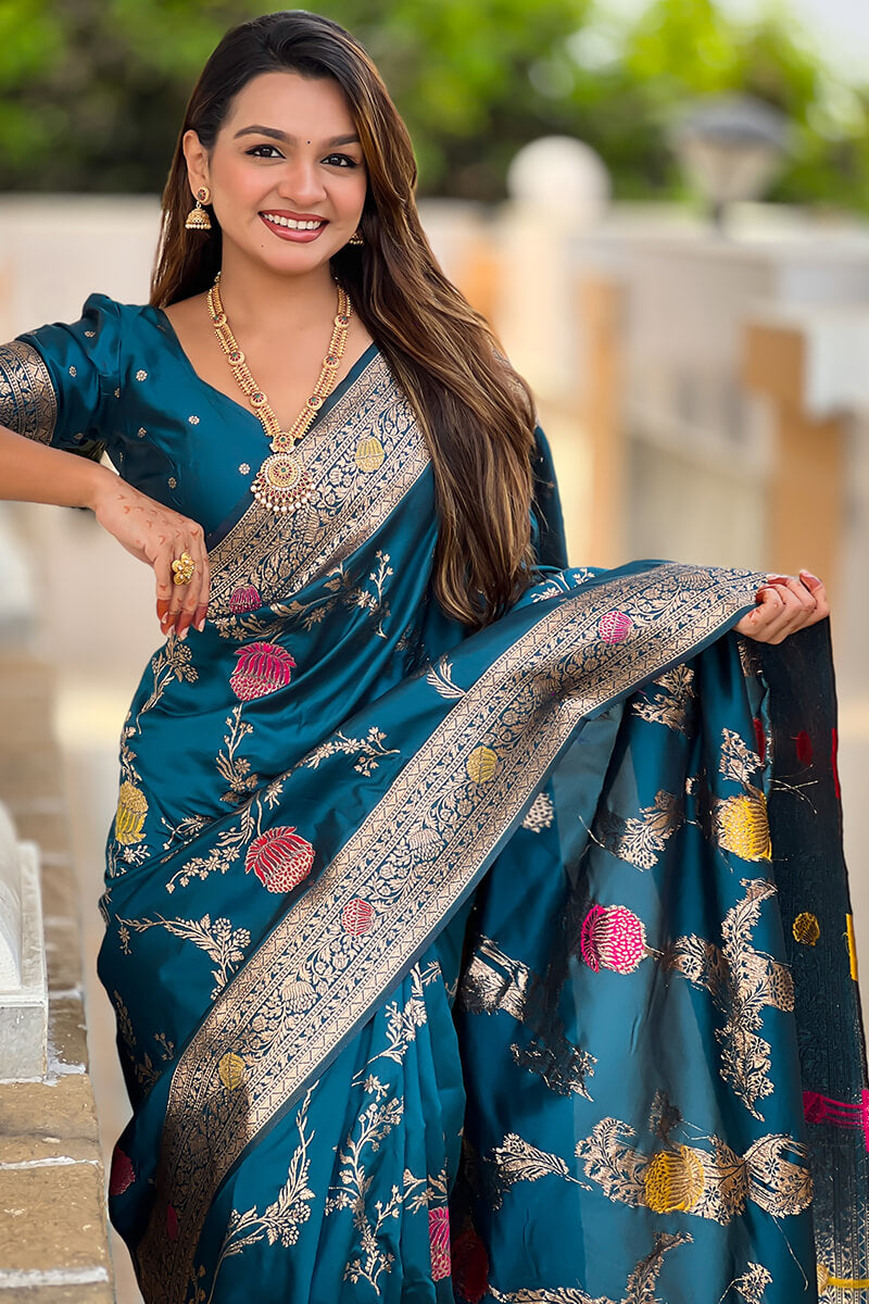 Demesne Teal Blue Soft Banarasi Silk Saree With Forbearance Blouse Piece