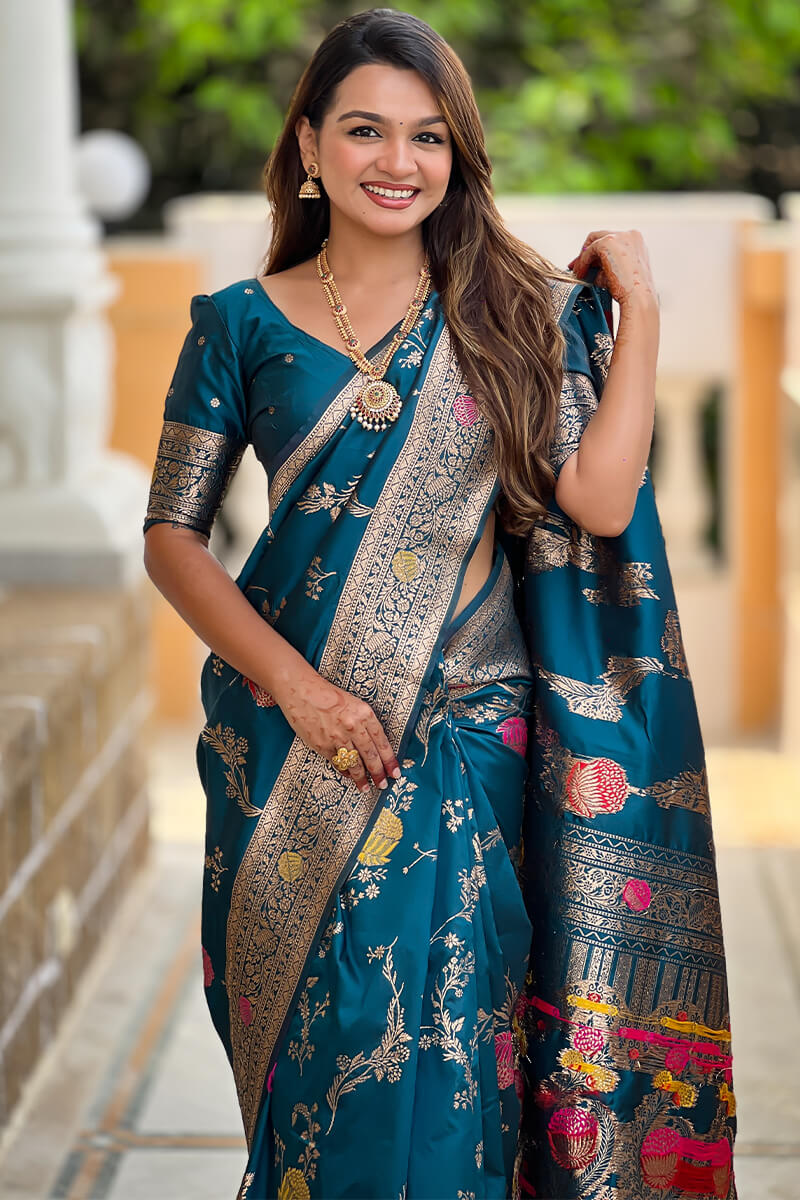 Demesne Teal Blue Soft Banarasi Silk Saree With Forbearance Blouse Piece