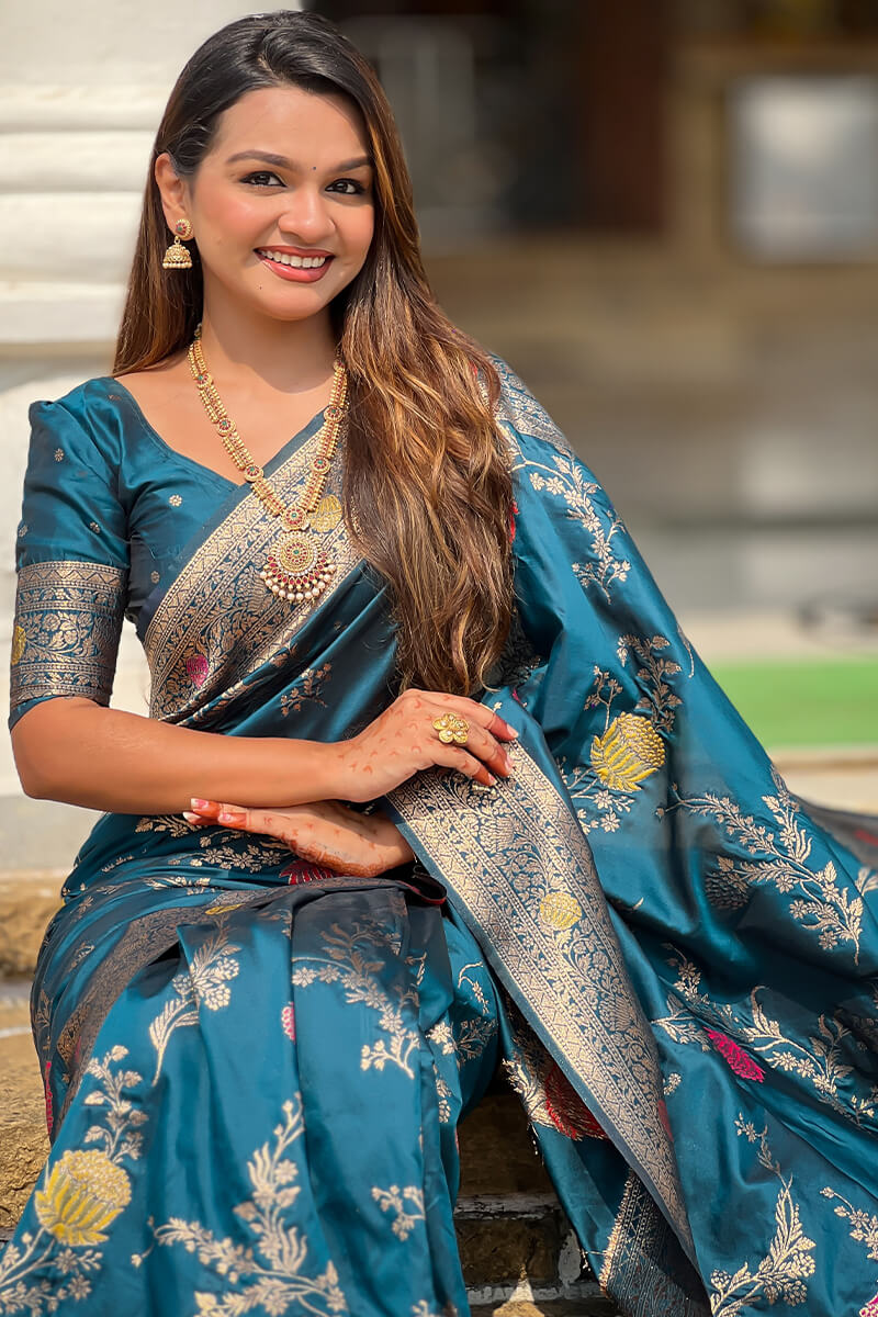Demesne Teal Blue Soft Banarasi Silk Saree With Forbearance Blouse Piece