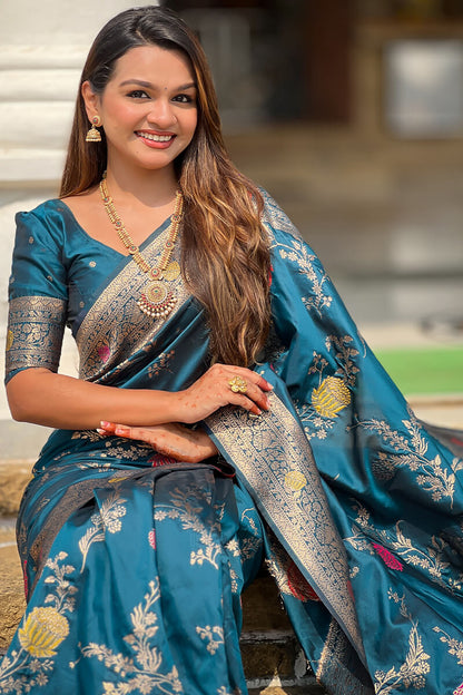 Demesne Teal Blue Soft Banarasi Silk Saree With Forbearance Blouse Piece