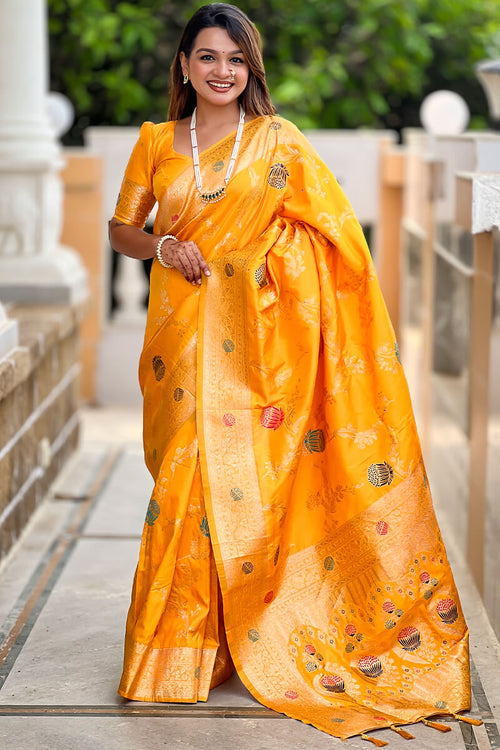Load image into Gallery viewer, Admirable Yellow Soft Banarasi Silk Saree With Angelic Blouse Piece
