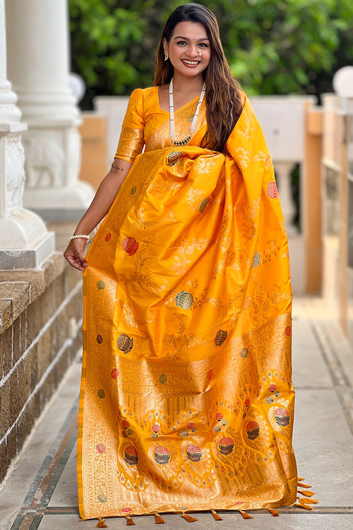 Load image into Gallery viewer, Admirable Yellow Soft Banarasi Silk Saree With Angelic Blouse Piece
