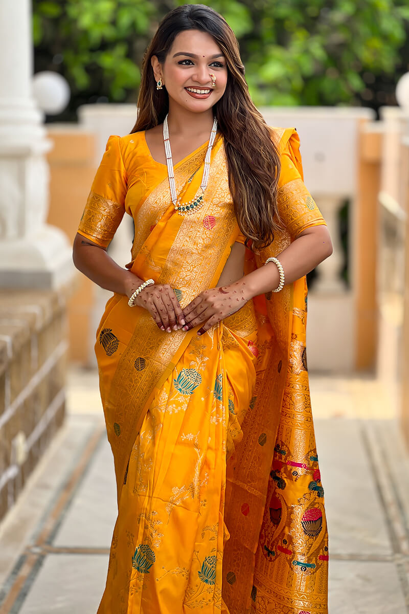 Admirable Yellow Soft Banarasi Silk Saree With Angelic Blouse Piece