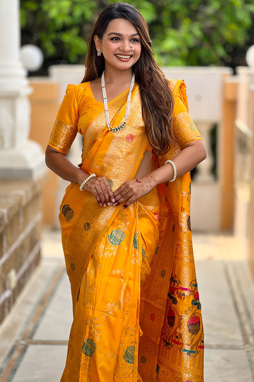 Load image into Gallery viewer, Admirable Yellow Soft Banarasi Silk Saree With Angelic Blouse Piece
