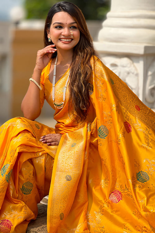 Load image into Gallery viewer, Admirable Yellow Soft Banarasi Silk Saree With Angelic Blouse Piece
