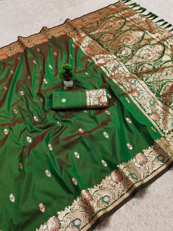 Lissome Green Pure Banarasi Silk Saree With Quixotic Blouse Piece