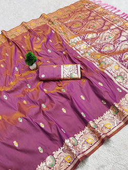 Adorable Lavender Pure Banarasi Silk Saree With Flattering Blouse Piece
