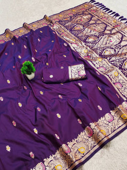 Glowing Purple Pure Banarasi Silk Saree With Groovy Blouse Piece