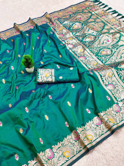 Lovely Sea Green Pure Banarasi Silk Saree With Scintillating Blouse Piece