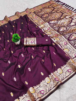 Fragrant Wine Pure Banarasi Silk Saree With Desultory Blouse Piece