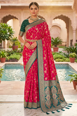 Assemblage Dark Pink Pure Zari Weaving Banarasi Silk Saree With Unique Blouse Piece