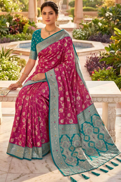 Scintilla Wine Pure Zari Weaving Banarasi Silk Saree With Gossamer Blouse Piece