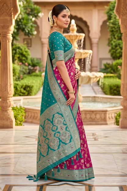 Scintilla Wine Pure Zari Weaving Banarasi Silk Saree With Gossamer Blouse Piece