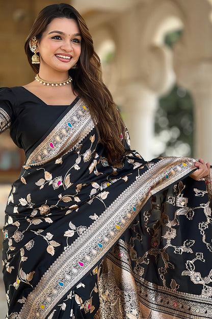 Surreptitious Black Soft Banarasi Silk Saree With Nemesis Blouse Piece