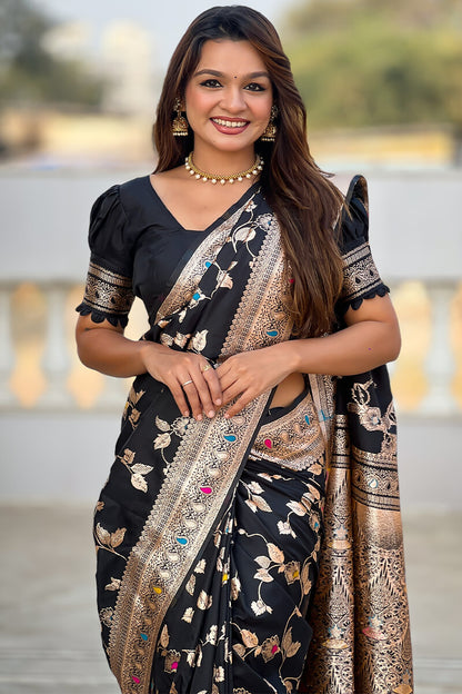 Surreptitious Black Soft Banarasi Silk Saree With Nemesis Blouse Piece