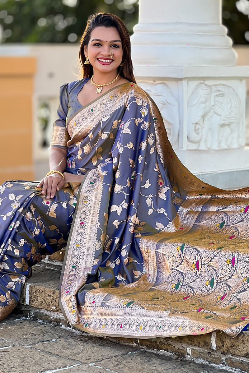 Engrossing Blue Soft Banarasi Silk Saree With Desiring Blouse Piece