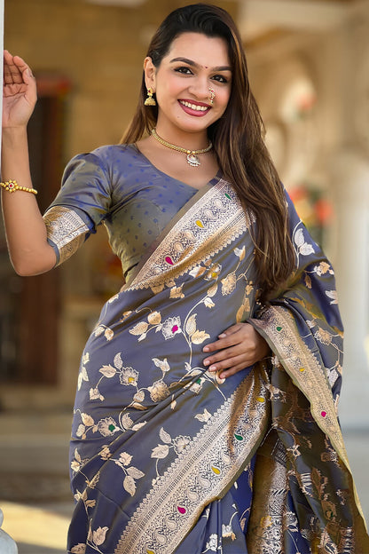 Engrossing Blue Soft Banarasi Silk Saree With Desiring Blouse Piece