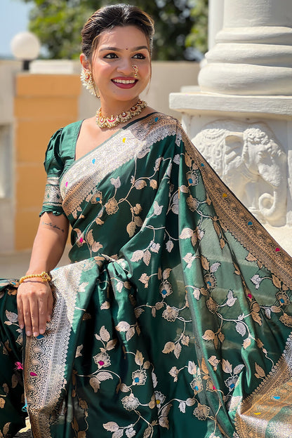 Glowing Dark Green Soft Banarasi Silk Saree With Radiant Blouse Piece