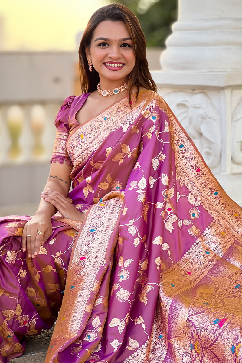 Captivating Lavender Soft Banarasi Silk Saree With Delectable Blouse Piece
