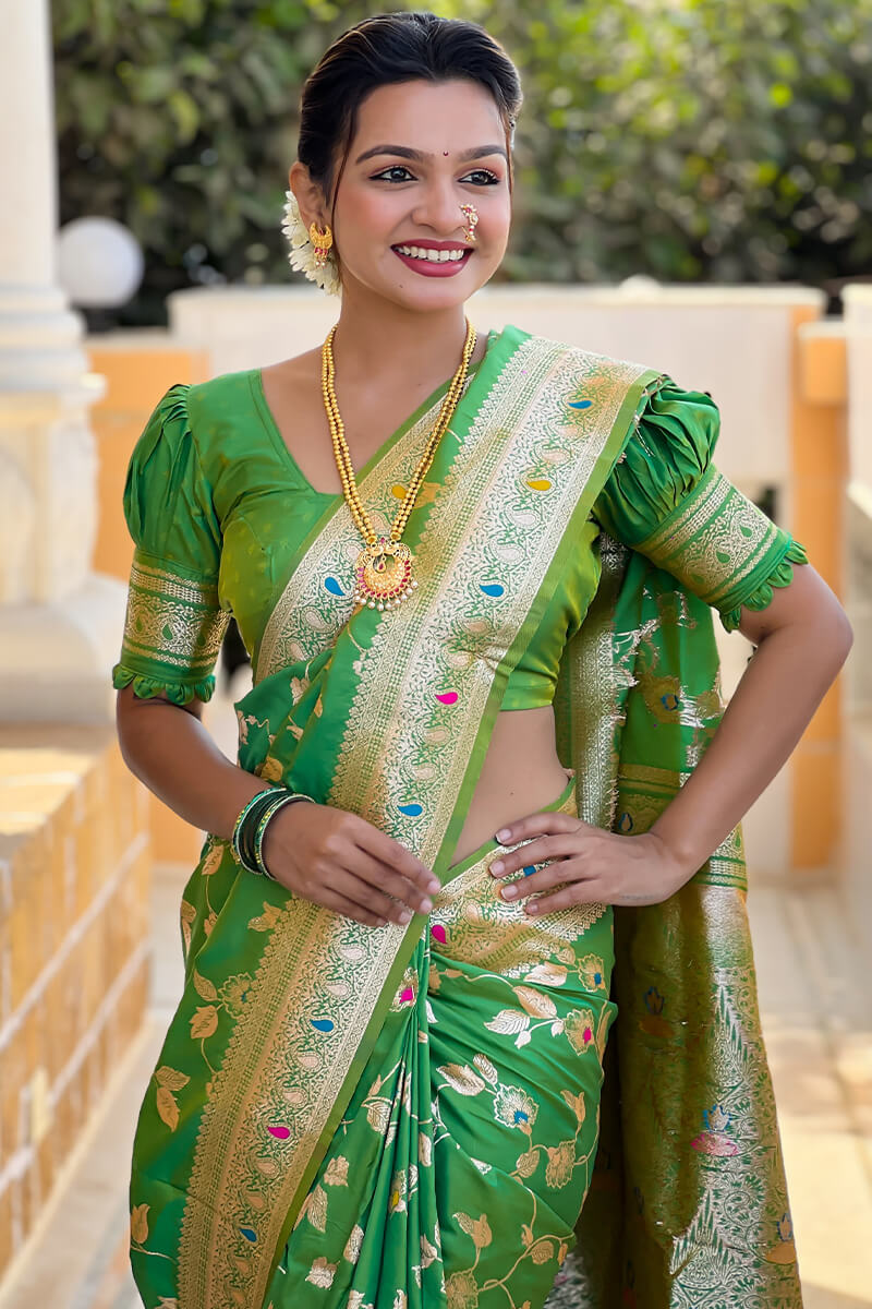 Angelic Mehndi Soft Banarasi Silk Saree With Chatoyant Blouse Piece