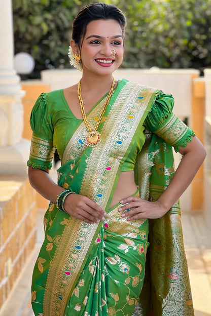 Angelic Mehndi Soft Banarasi Silk Saree With Chatoyant Blouse Piece