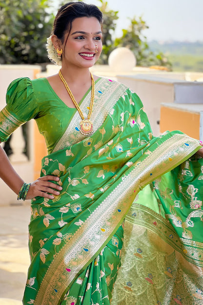 Angelic Mehndi Soft Banarasi Silk Saree With Chatoyant Blouse Piece