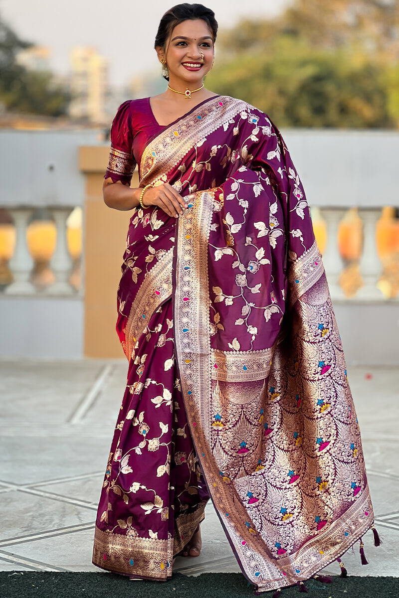 Eloquence Purple Soft Banarasi Silk Saree With Amiable Blouse Piece