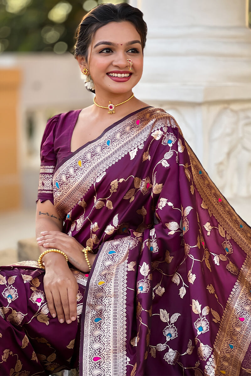 Eloquence Purple Soft Banarasi Silk Saree With Amiable Blouse Piece