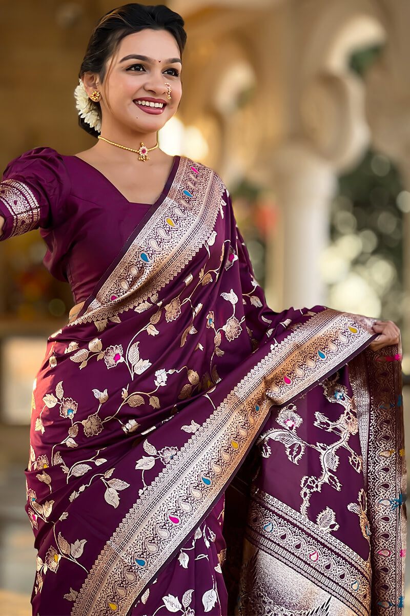 Eloquence Purple Soft Banarasi Silk Saree With Amiable Blouse Piece
