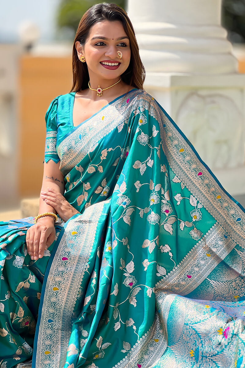 Luxuriant Rama Soft Banarasi Silk Saree With Elaborate Blouse Piece