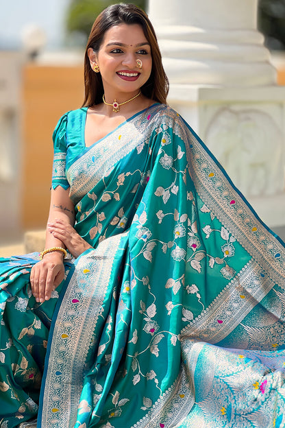 Luxuriant Rama Soft Banarasi Silk Saree With Elaborate Blouse Piece